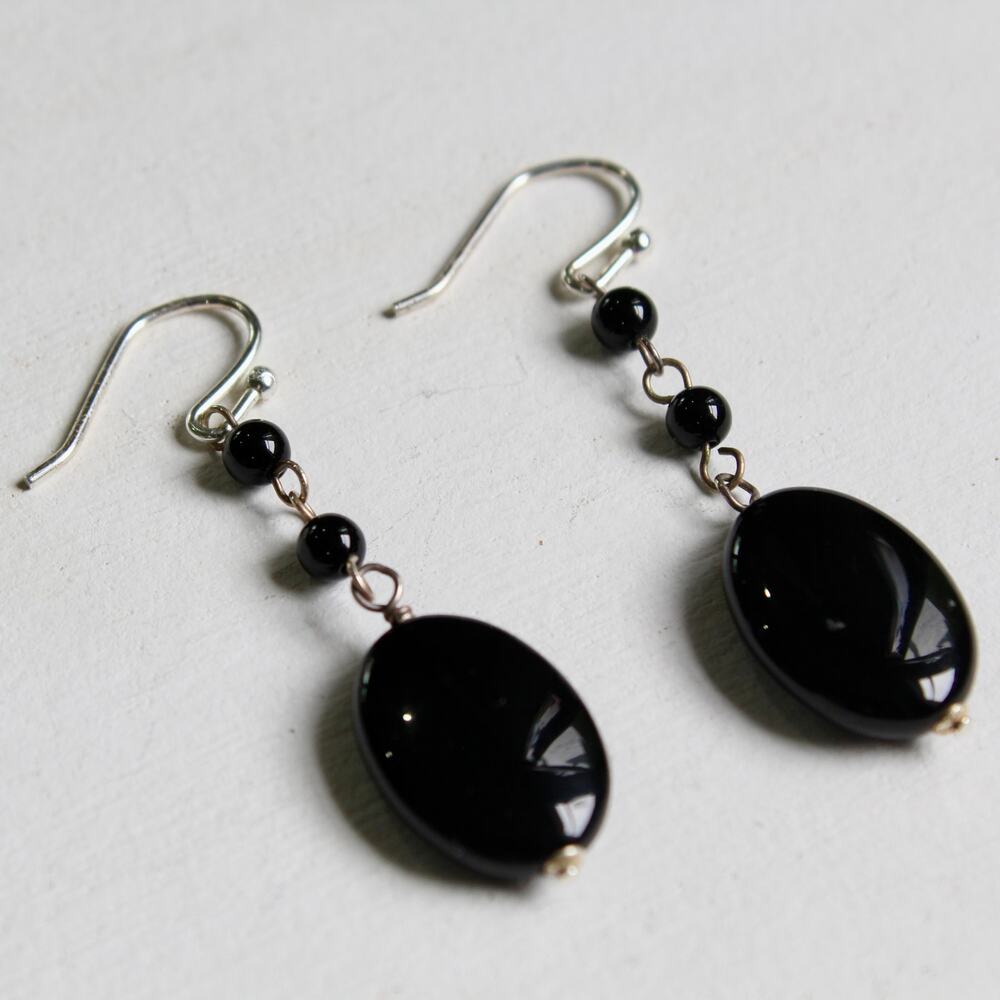 Handmade Sterling Silver 925 & Black Onyx Beaded Dangle/Drop Earrings